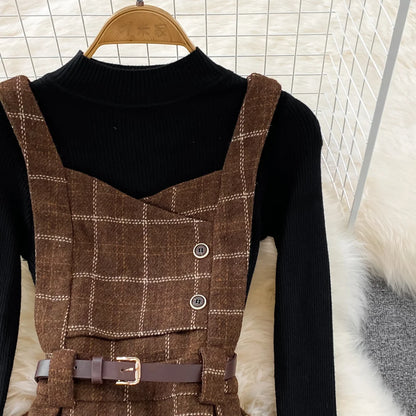 High Quality Fall Winter Women Sweater Overalls Dress Sets Casual Knitted Tops +Plaid Woolen Dress 2 Piece Sets Outfits Female