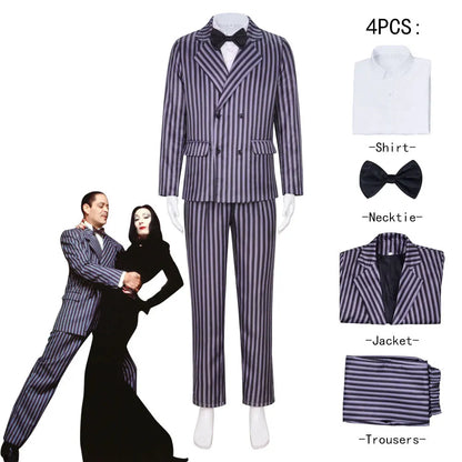 Gomez Addams Cosplay Anime Morticia Costume Dress Halloween Carnival Outfit Adult Kid Coat Shirt Pant Tie Suit Party Uniform