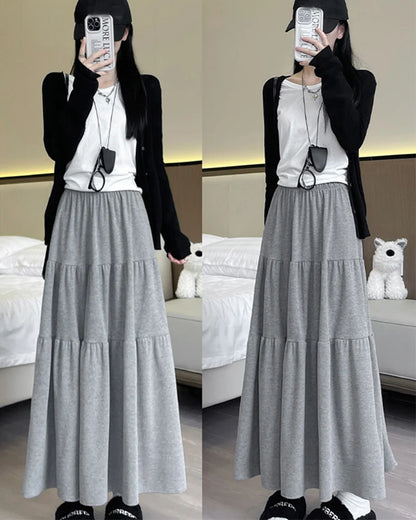 Autumn Casual Knit Pleated Skirt for Women Elegant Solid Color A Line Long Skirts Korean Streetwear High Waist Patchwork Skirt