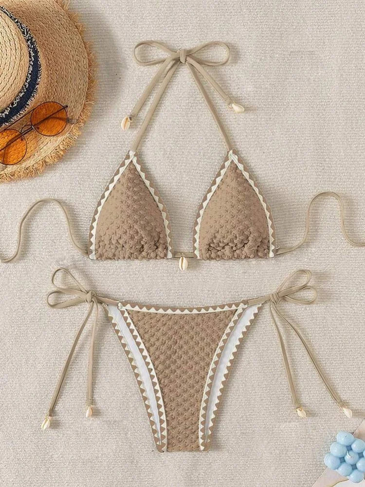 Sexy White Contrast Bikinis Sets 2025 Women Shell Ornament Push Up Tie Side Thong Swimsuit Summer Bathing Suit Micro Swimwear