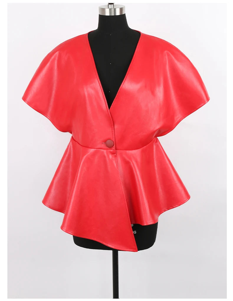 Nerazzurri Spring Short Red Faux Leather Vest Women Belt Runway Fashion Elegant Luxury Designer Clothes Sleeveless Jacket 2022