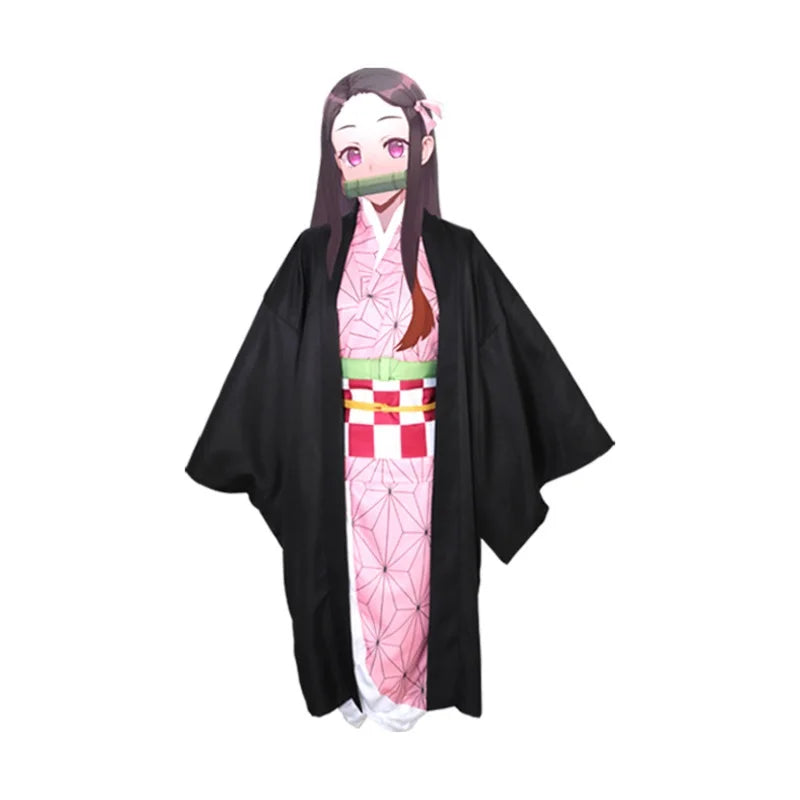 Demon Slayer Nezuko cosplay costume in pink and black with traditional kimono design