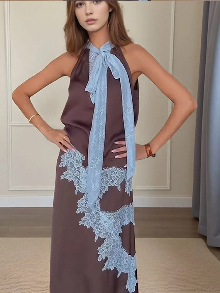 Contrast Patchwork Lace Maxi Skirt Suit Women Satin V-neck Sleeveless Skirts Suits 2025 Lady Summer Casual Daily 2 Pieces Set