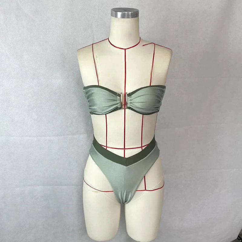 BEACHCICI Women's Bikini Two Piece Summer Sexy Contrasting Color Chest Strapless Wrapping High Waist Beach Vacation Swimsuit