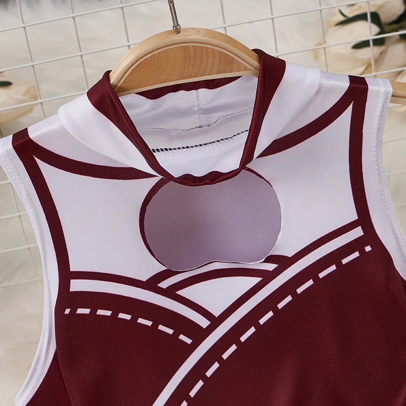 kawaii cartoon bodysuit costume for women sleeveless maroon and white printed bodysuit with chest cutout and high collar