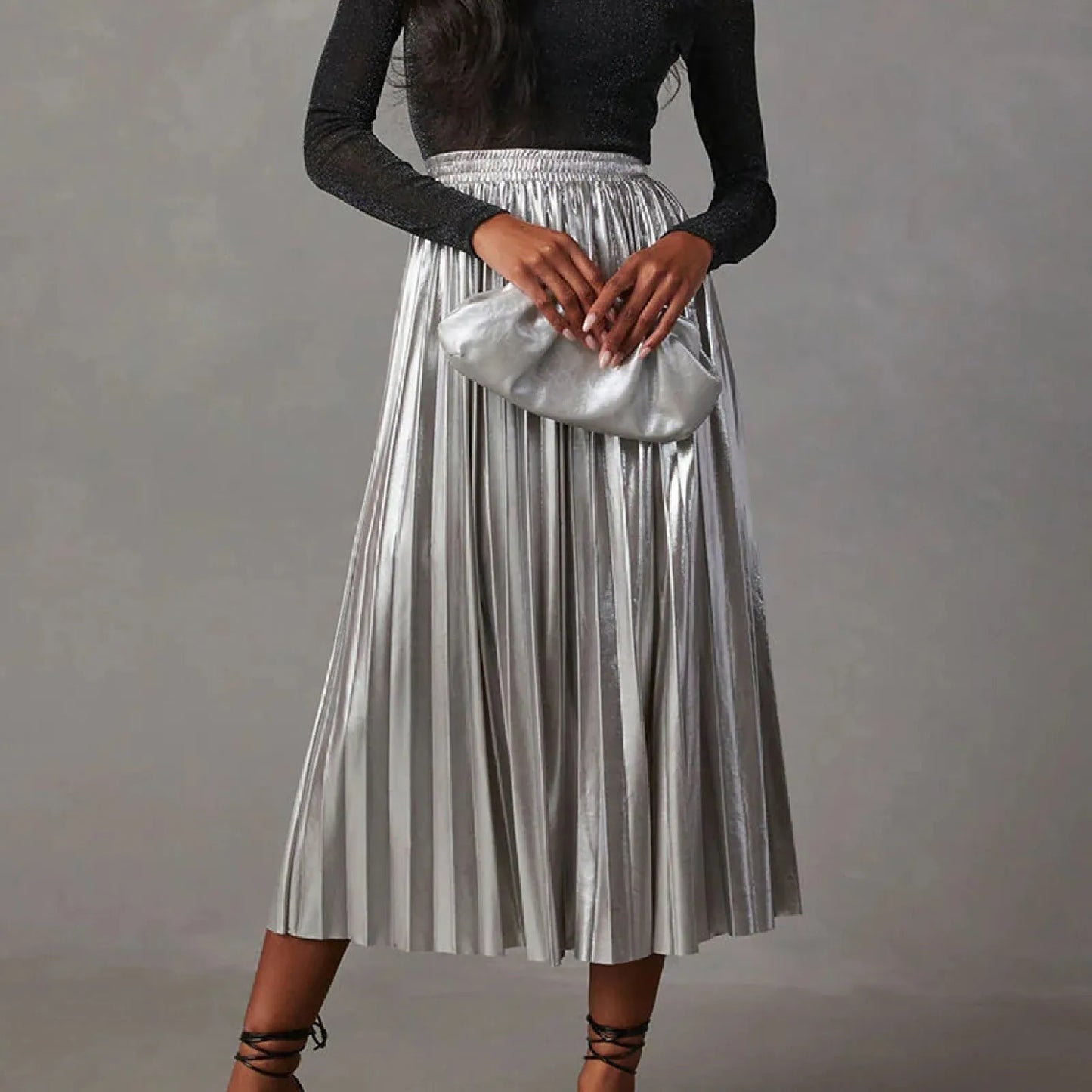 Silver A Line Skirts Hot Stamping Shiny Pleated High Waist Pleated Skirt Anti Permeability Length Autumn Shinny Korean Bottoms