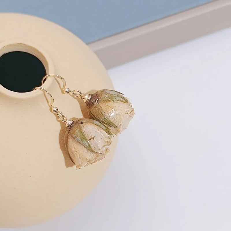 Unique Immortal Flower Earrings Elegant Natural Flower Pearl Drop Earrings Statement Jewelry Epoxy Resin Real Rose Earring 2024