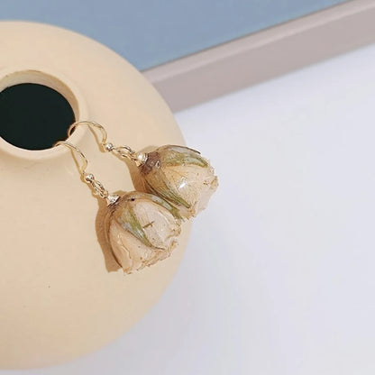 Unique Immortal Flower Earrings Elegant Natural Flower Pearl Drop Earrings Statement Jewelry Epoxy Resin Real Rose Earring 2024