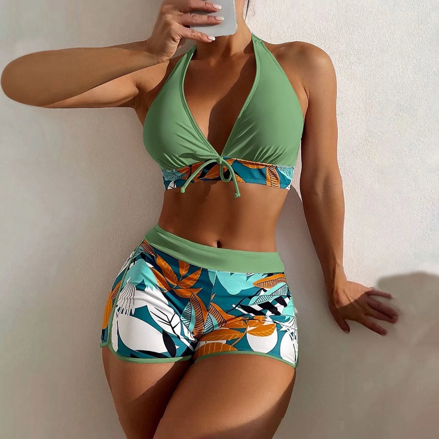 Women's Paneled Printed Swimsuit Ladies Fashion Sexy Split Boxer High Waist Swimsuit Two-Piece Set V-Neck Bathing Suits Female