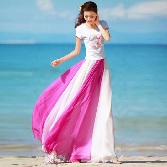 Floor Length Skirt Fashion Full Flowing Circle Color Women Chiffon Bohemian Styel Large Swing Sheer Breath Skirt for Cocktail
