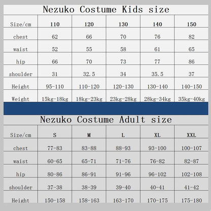 Demon Slayer Nezuko cosplay costume size chart for kids and adults with measurements