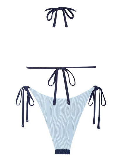 ZAFUL Women's Backless Triangle Swimsuit Halter Top High Cut Thong Bikini Set Textured Tie Side Bathing Suit Solid Swimwear 2024