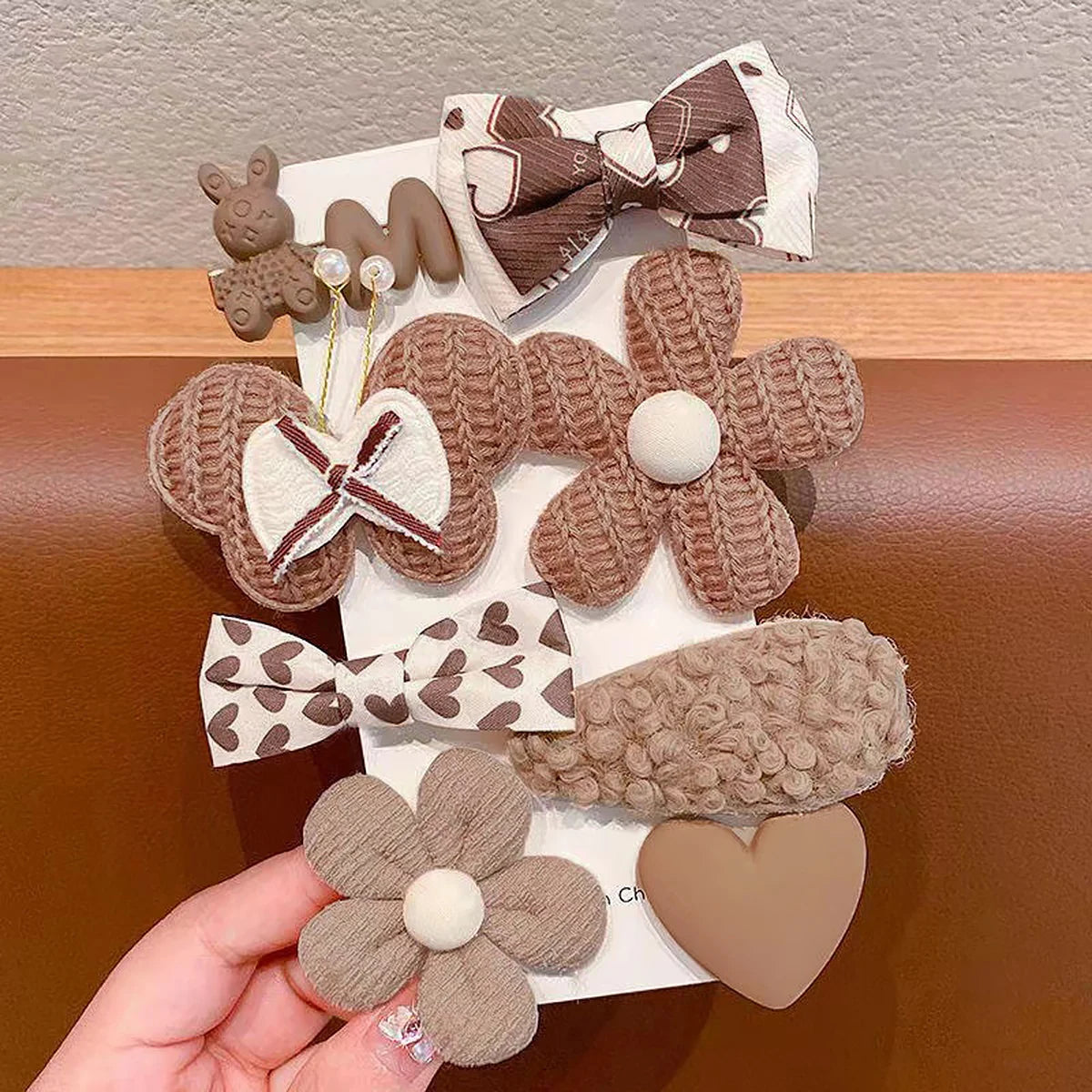 8Pcs/Set Korean Cartoon Hair Clips for Girls Winter Cute Plush Flower Rabbit Hairpins Knitting Barrettes Kids Hair Accessories