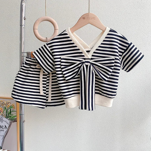 Girl Clothes Set Striped Fashion Outfits Clothing Set Bowknot V-neck Children Sets Toddler Girl Clothes