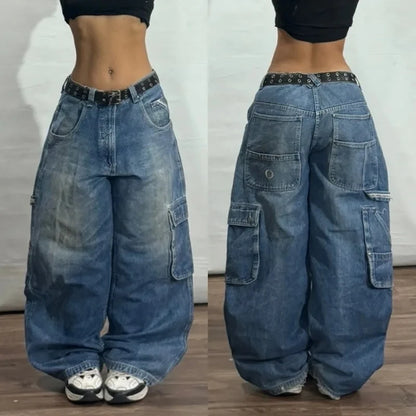 American Fashion Trends Joker Tooling Pocket Baggy Jeans Female Street Y2K New Hip Hop Oversized Wide-leg Pants Unisex Jeans