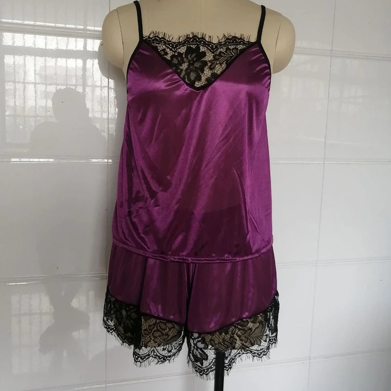 2Pcs Sexy Pajama Set Women Sexy Lace Patchwork Satin Silk Spaghetti Strap Top Hot Shorts Pajama Women Sleepwear Femme Pijamas