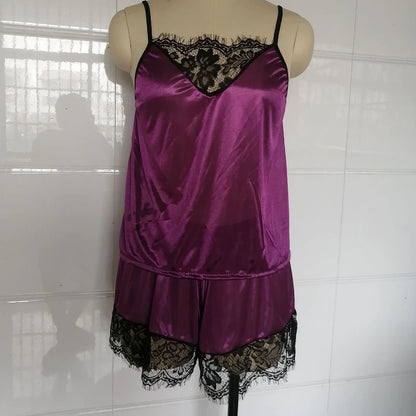 2Pcs Sexy Pajama Set Women Sexy Lace Patchwork Satin Silk Spaghetti Strap Top Hot Shorts Pajama Women Sleepwear Femme Pijamas