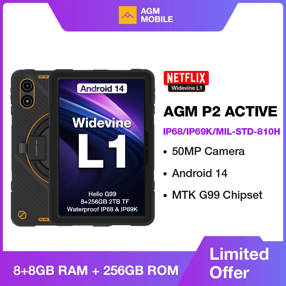 AGM P2 Active 11" FHD Rugged Tablet, IP68 Waterproof/Dustproof, 8GB RAM+256GB, Android 14, G99, Widevine L1 P2W Durable Pad