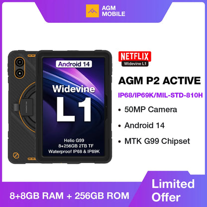 AGM P2 Active 11" FHD Rugged Tablet, IP68 Waterproof/Dustproof, 8GB RAM+256GB, Android 14, G99, Widevine L1 P2W Durable Pad