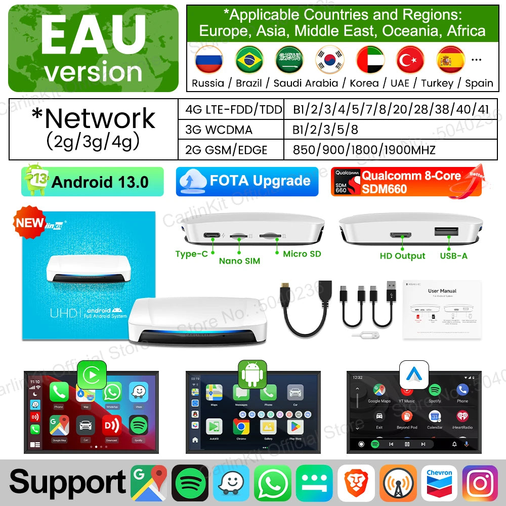 HDMI CarlinKit 8G+128G CarPlay Ai Box Android 13.0 Wireless Android Auto&CarPlay SM6225 Qualcomm 8-Core For Netflix Smart TV Box