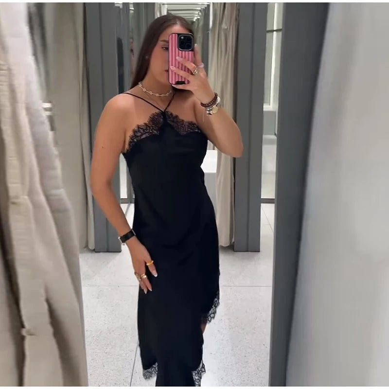 Brown Satin Sexy Lace Spliced Short Sling Dress Women V-neck Sleeveless Backless Asymmetric Party Dresses 2025 Summer Lady Robes