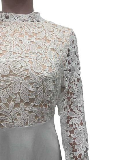 Mannequin wearing elegant lace party dress for women with high neckline sheer floral lace bodice and long sleeves