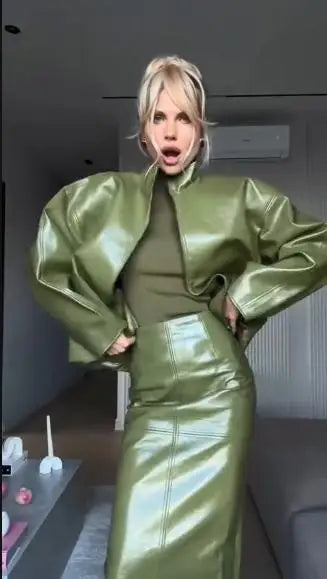 Leather Fashion Jacket Skirt Sets Women Zipper Loose Street Stand Collar Coats Straight Midi Skirts Suits 2025 Autumn Party Chic