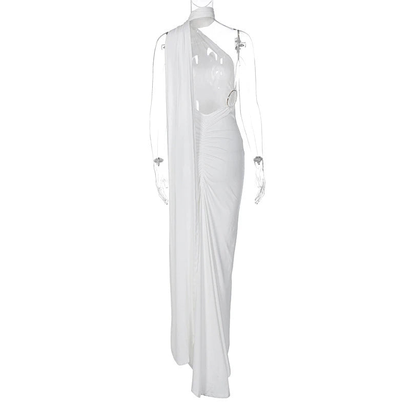 Hugcitar One Shoulder Backless Adjustable Scarf Loop Ruched Sexy Maxi Dress 2025 Women Elegant Y2K Streetwear Festival Outfit