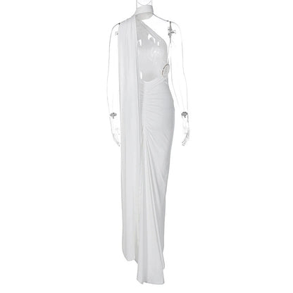 Hugcitar One Shoulder Backless Adjustable Scarf Loop Ruched Sexy Maxi Dress 2025 Women Elegant Y2K Streetwear Festival Outfit
