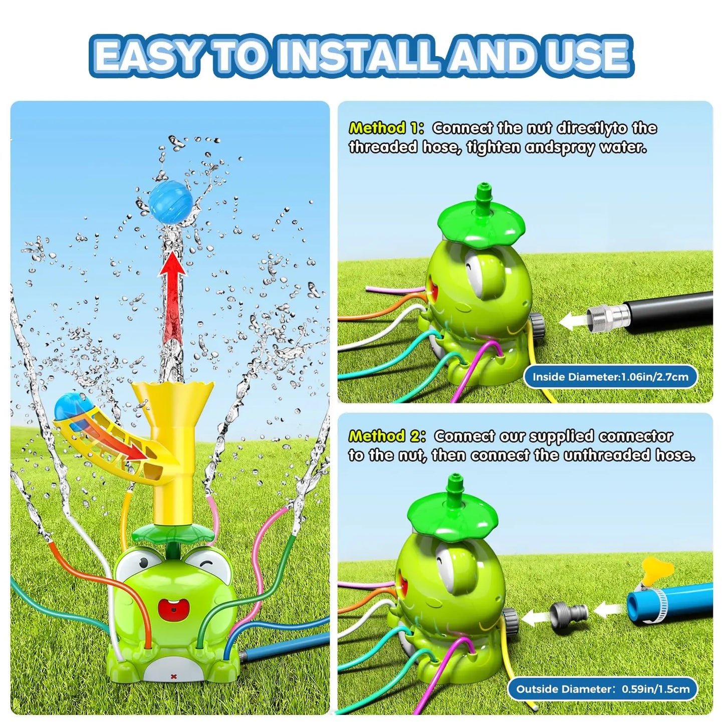 VATOS Kids Outdoor Water Play Sprinklers-2 in 1 Frog Sprinkler Spinning  Catch Ball Game Summer Water Play Set Toys for kids