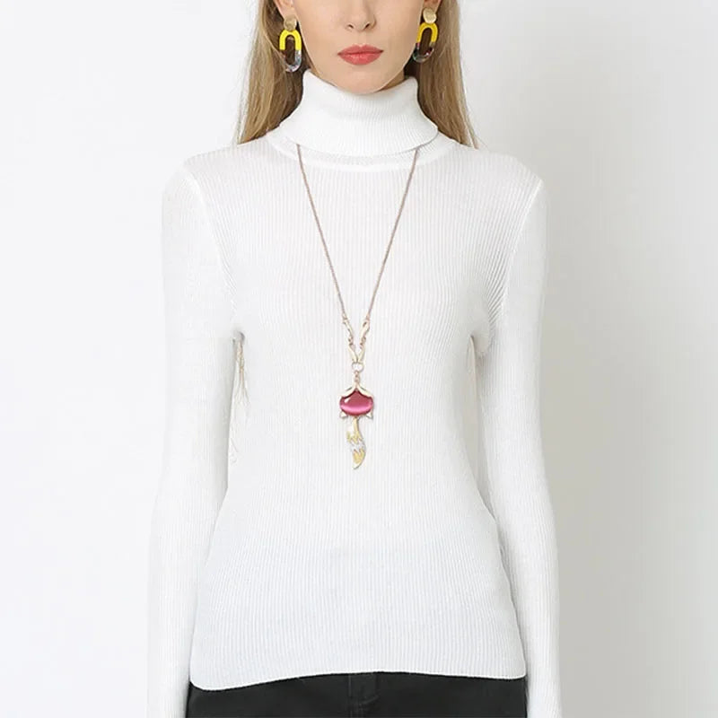 Women Turtleneck Sweaters Solid Color Autumn Winter Warm Knitted Pullovers Soft Tops Female Slim Fit Knitwear Lady Basic Jumpers