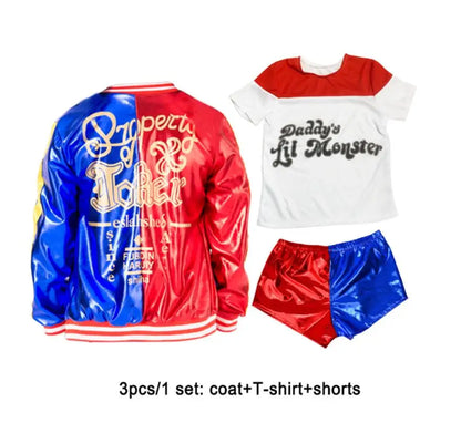 EtherealBe Harley Quinn kids cosplay costume set including a jacket, T-shirt, and shorts in vibrant colors