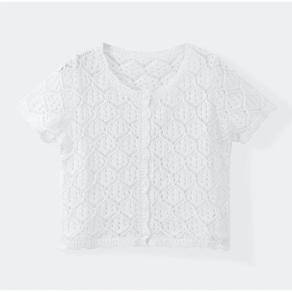 Sexy Women Crochet Hollow Out Patchwork Top Suits Fashion Round Neck Cardigan Crop Shorts Sets Summer Female Beach Party Outfit