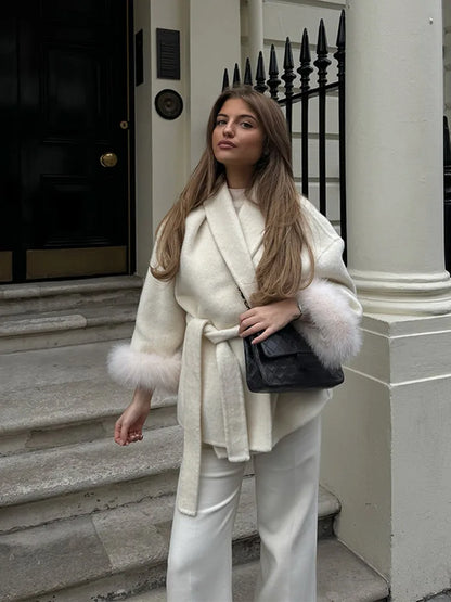 2025 Chic Lapel Plush Coat With Belt Women Vintage Solid Faux Fur Sleeve Tweed Open Coats Female Autumn Casual Street Outwear