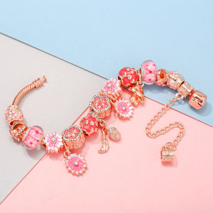 Spring Style Charms Bracelets For Women With Snake Chain Pink Daisy DIY Charms Beads Pendants Fashion Jewelry Dropshipping