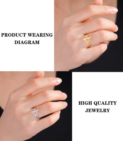 Lucktune Caduceus Medical Symbol Rings Women Stainless Steel Snake Bind Wing Finger Ring Vintage Jewelry Gift for Doctor Nurse