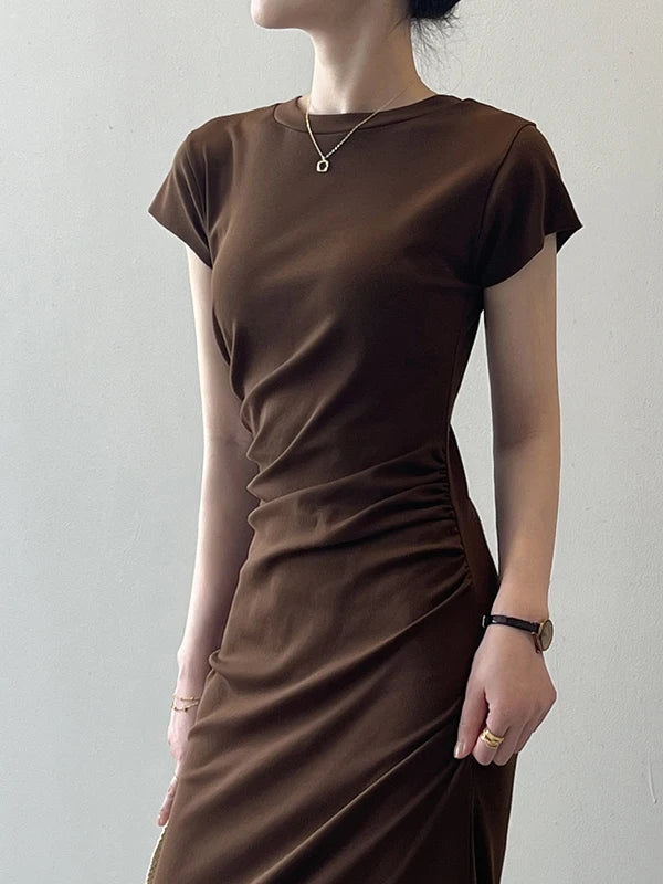 Slim Fit T-irt Dr Women's Spring Summer ort Sve Pleated Waist Cinching A-Line Midi Dr Small Stature 50
