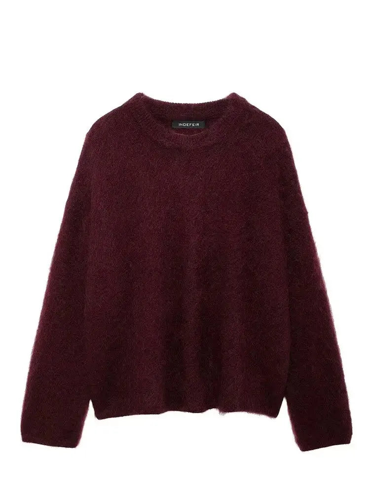 HH Autumn Sweater For Women Fashion Vintage Wine Red Knitted Pullover Long Sleeve O Neck Sweatshirt High Street Knitwear Top
