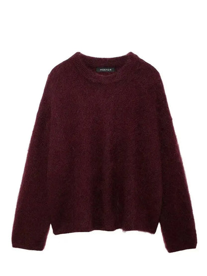 HH Autumn Sweater For Women Fashion Vintage Wine Red Knitted Pullover Long Sleeve O Neck Sweatshirt High Street Knitwear Top