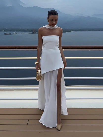 2025 Summer Women Fashion Strapless Dress With Ribbon Patchwork Elegant Sleeveless Mesh Split Dress Vacation Beach Long Dresses