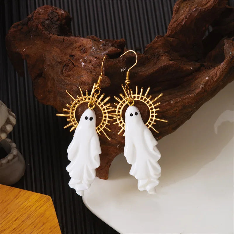 EtherealBe Halloween white ghost earrings with golden halo detail for a spooky look