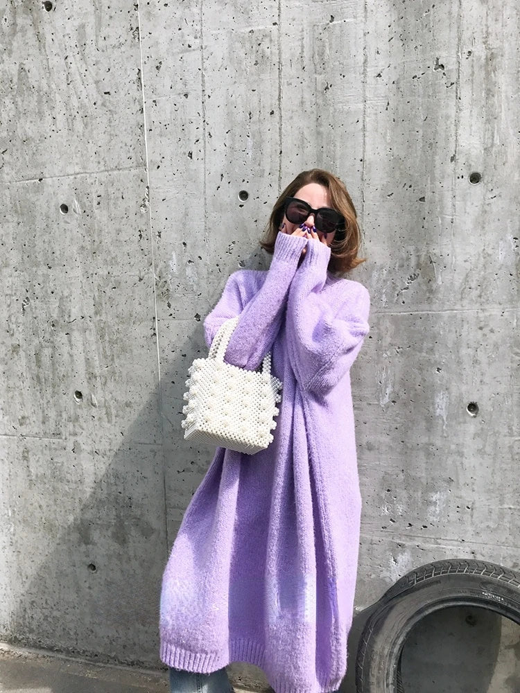 Winter Women Dress Fall Sweater Women Dress Long Sleeve Knitted Dresses Maxi Vintage Oversize Dresses Knitting Thick Warm Purple