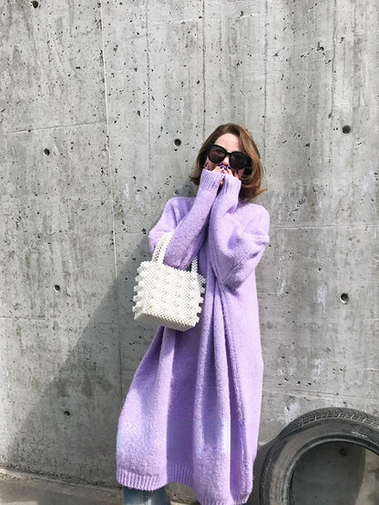 Winter Women Dress Fall Sweater Women Dress Long Sleeve Knitted Dresses Maxi Vintage Oversize Dresses Knitting Thick Warm Purple