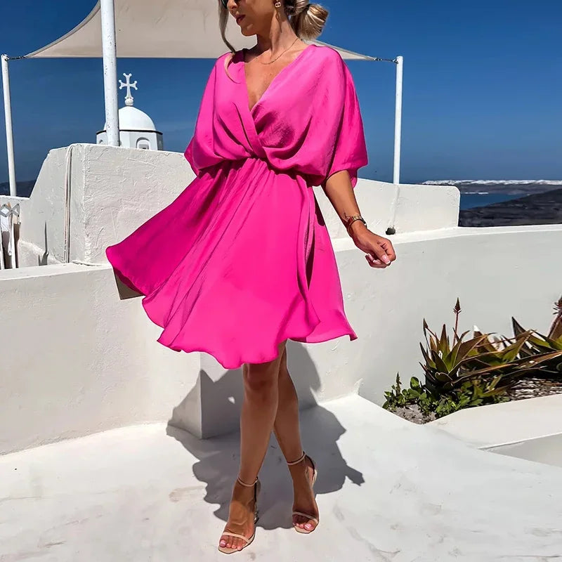 Sexy V Neck Dresses For Women Elegant Short Sleeve Solid A-line Loose Mini Dress Women Casual Beach Party Dress Boho 2022