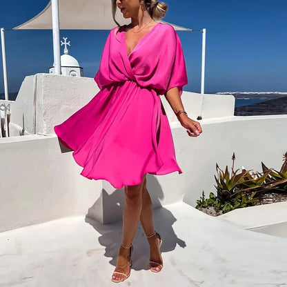 Sexy V Neck Dresses For Women Elegant Short Sleeve Solid A-line Loose Mini Dress Women Casual Beach Party Dress Boho 2022