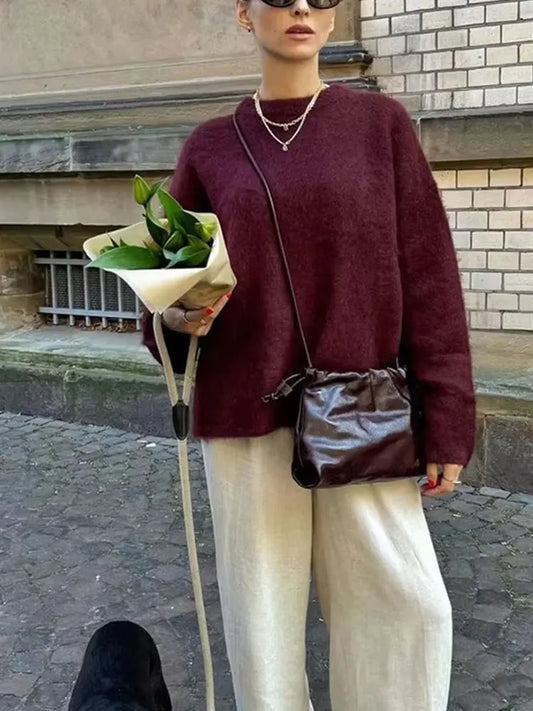 HH Autumn Sweater For Women Fashion Vintage Wine Red Knitted Pullover Long Sleeve O Neck Sweatshirt High Street Knitwear Top