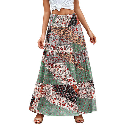 Women Skirts New Fashion All-Match Skirt Loose Elastic Waist Floral Print Ethenic Style Boho Skirt Bohemian Vintage Skirt