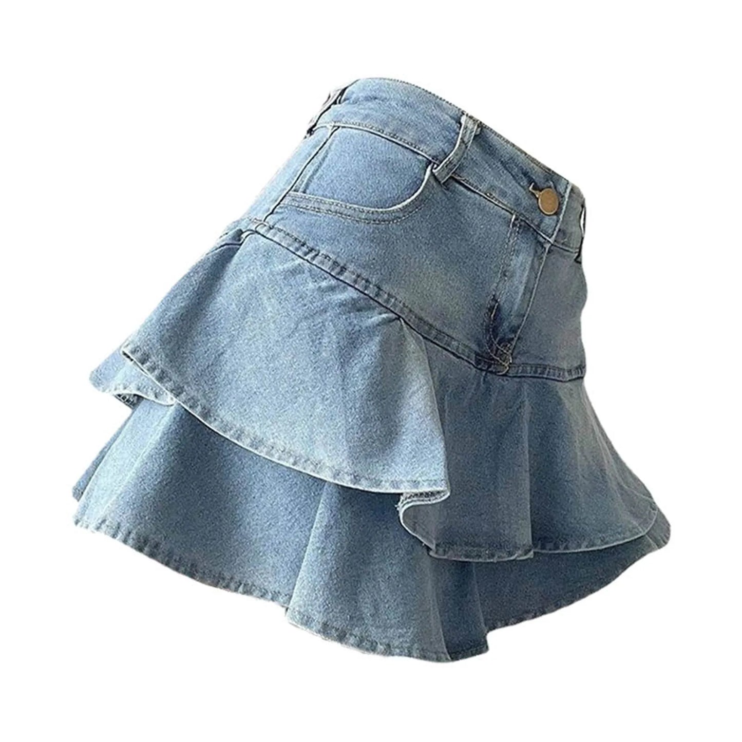 Y2k Skirt Women Ruffles Double Layer High Waisted Light Blue Denim Skirt JK Uniforms Irregular Curved Streetwear Korean Skirt