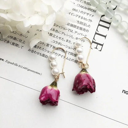 Unique Immortal Flower Earrings Elegant Natural Flower Pearl Drop Earrings Statement Jewelry Epoxy Resin Real Rose Earring 2024