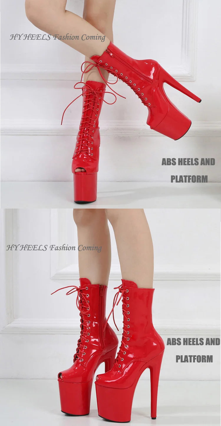 2025 New Pink Peep Toe 20cm/8Inch High Stripper Pole Dancing Women's Shoes Women Sexy Fetish Stiletto Heels Lace Up Short Boots